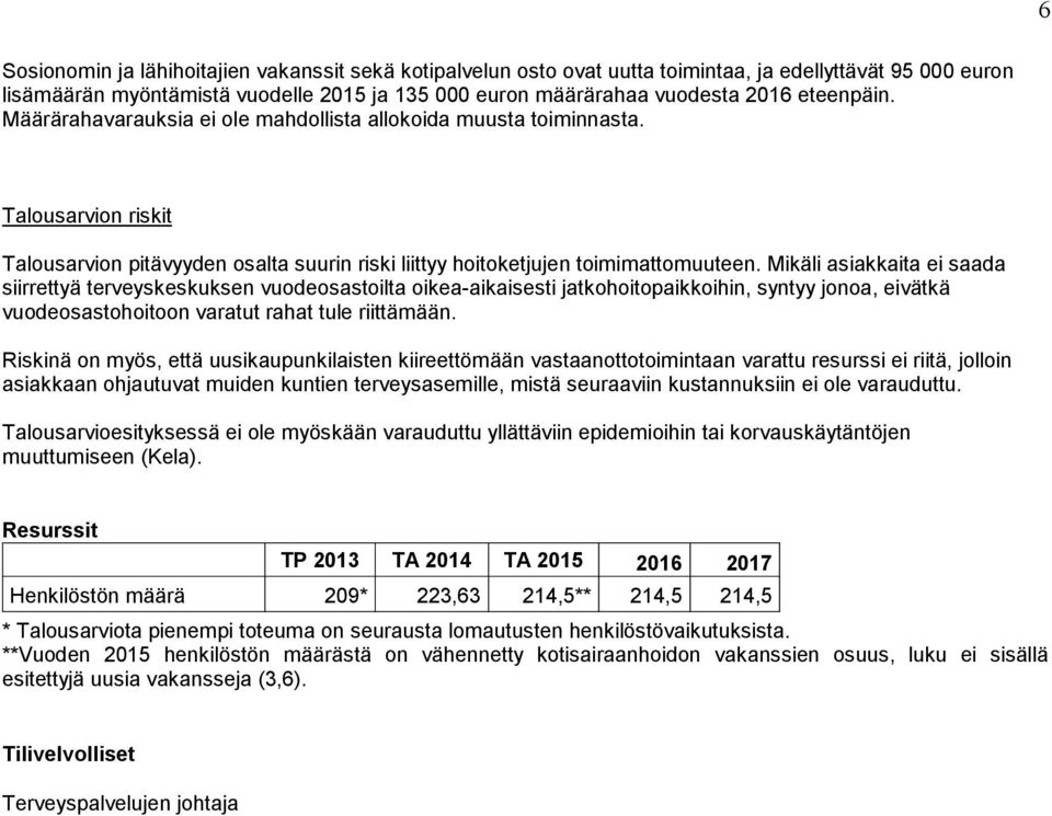 Mikäli asiakkaita ei saada siirrettyä terveyskeskuksen vuodeosastoilta oikea-aikaisesti jatkohoitopaikkoihin, syntyy jonoa, eivätkä vuodeosastohoitoon varatut rahat tule riittämään.