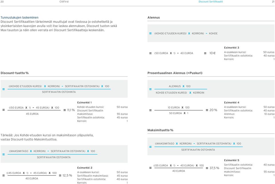 Alennus (Kohde-etuuden Kurssi x Kerroin) Kohde (50 euroa x 1) 40 euroa 10 Esimerkki 3 A-osakkeen kurssi: 50 euroa Sertifikaatin ostohinta: 40 euroa Kerroin: 1 -tuotto % Prosentuaalinen Alennus