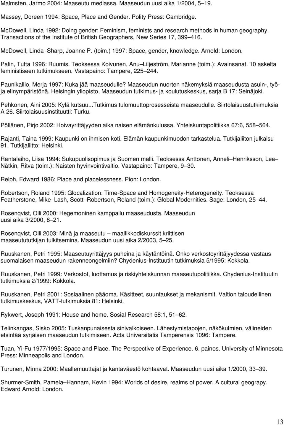 McDowell, Linda Sharp, Joanne P. (toim.) 1997: Space, gender, knowledge. Arnold: London. Palin, Tutta 1996: Ruumis. Teoksessa Koivunen, Anu Liljeström, Marianne (toim.): Avainsanat.