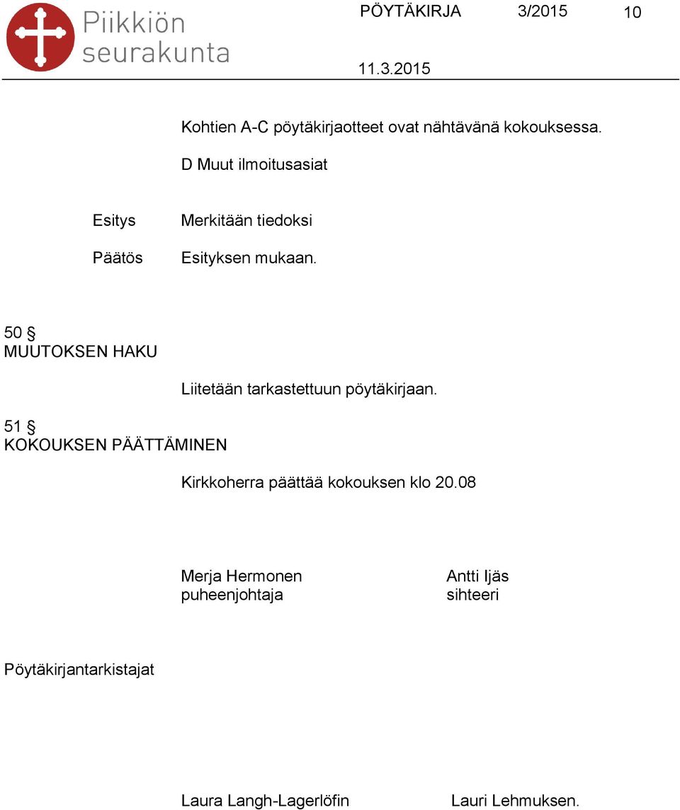 Liitetään tarkastettuun pöytäkirjaan. Kirkkoherra päättää kokouksen klo 20.