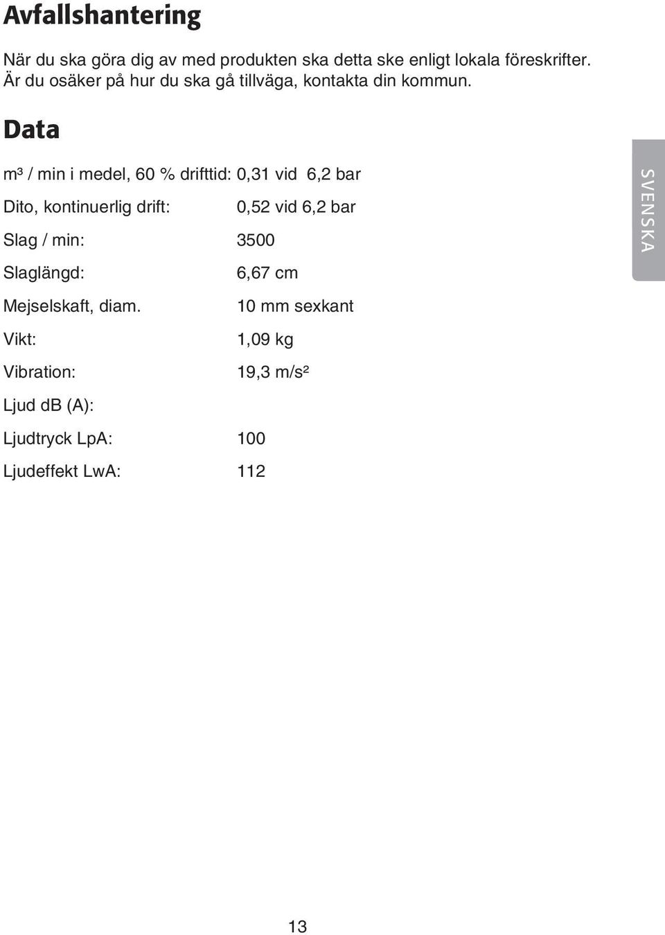 Data m³ / min i medel, 60 % drifttid: 0,31 vid 6,2 bar Dito, kontinuerlig drift: 0,52 vid 6,2 bar Slag /