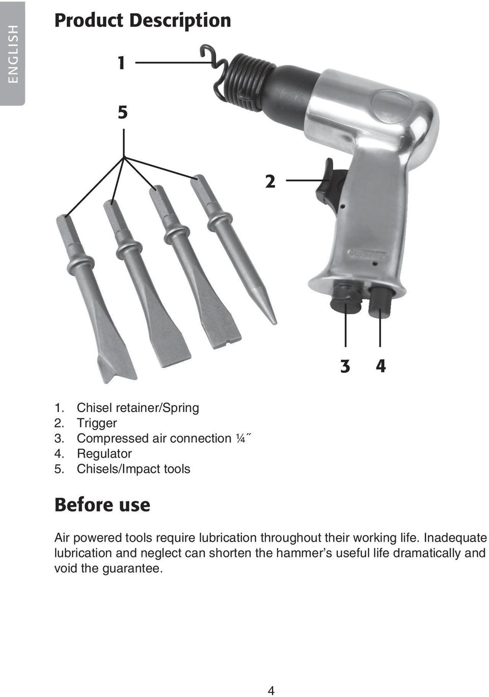 Chisels/Impact tools Before use Air powered tools require lubrication throughout