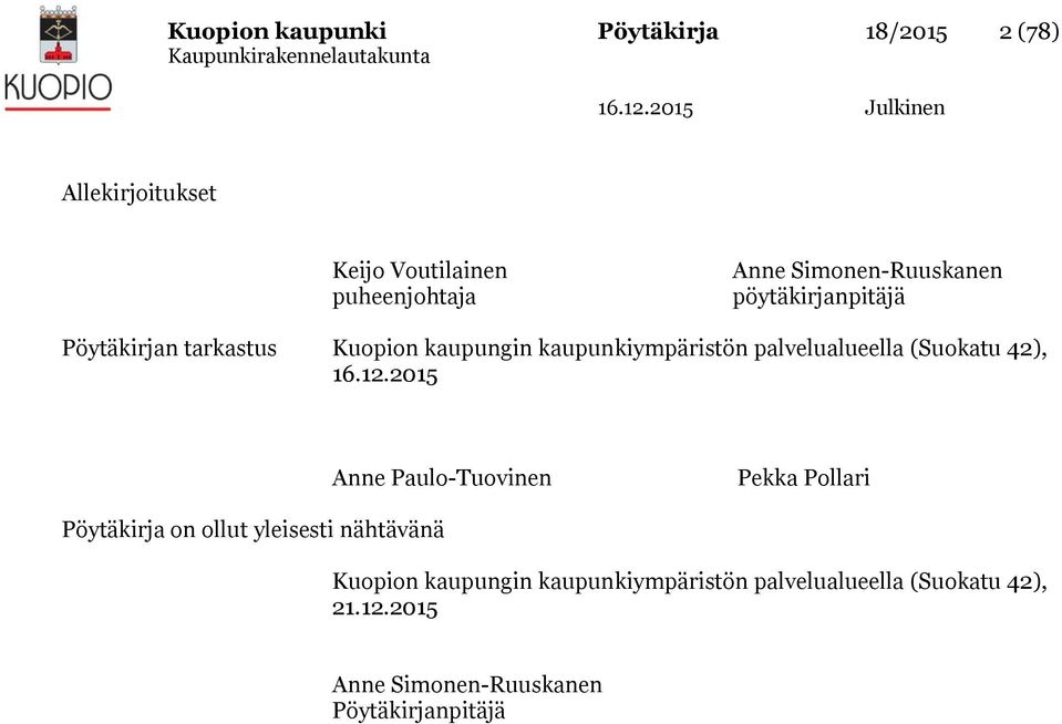 palvelualueella (Suokatu 42), Anne Paulo-Tuovinen Pekka Pollari Pöytäkirja on ollut yleisesti nähtävänä
