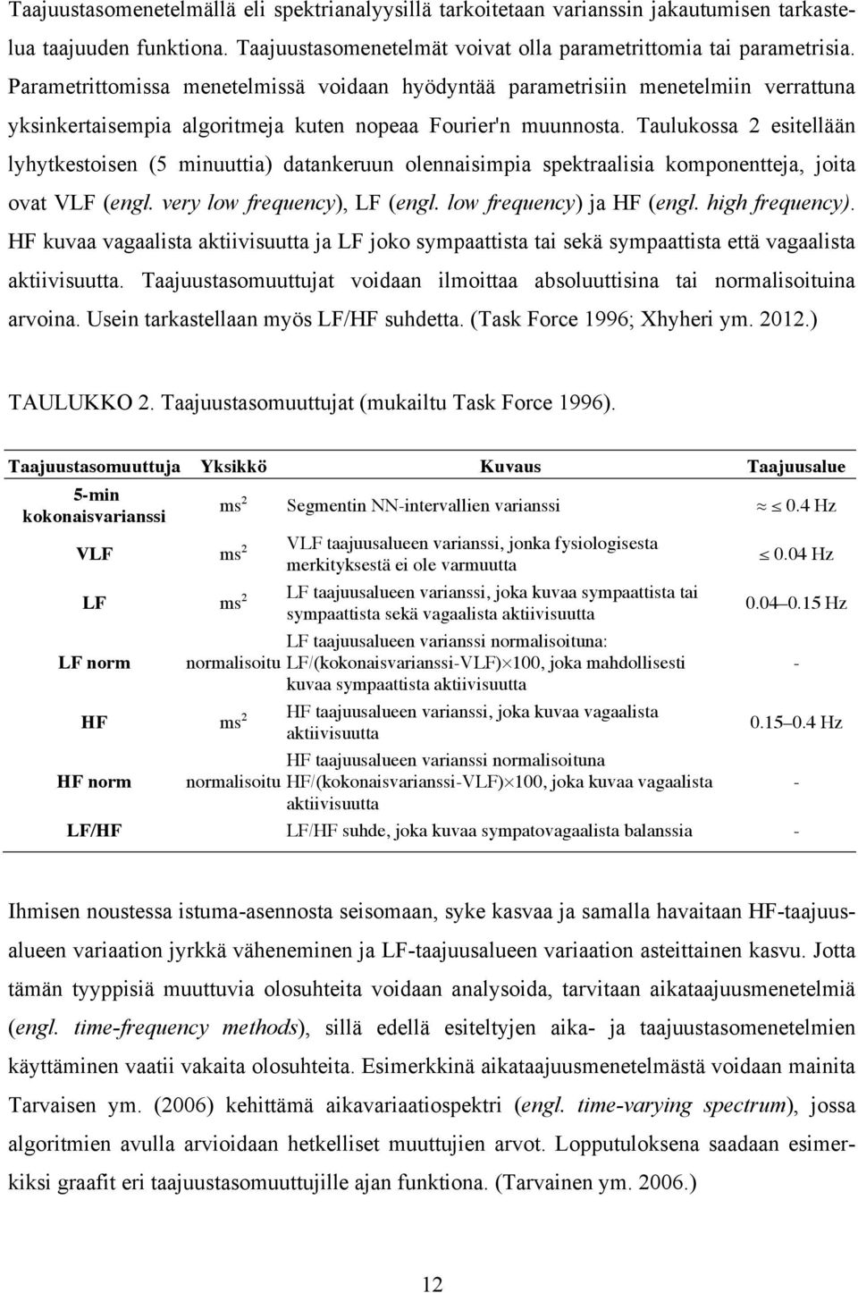 Taulukossa 2 esitellään lyhytkestoisen (5 minuuttia) datankeruun olennaisimpia spektraalisia komponentteja, joita ovat VLF (engl. very low frequency), LF (engl. low frequency) ja HF (engl.