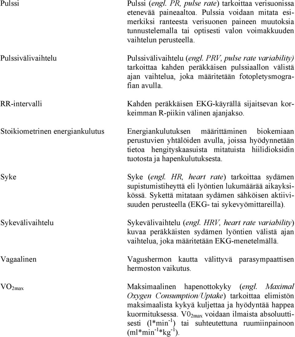 PRV, pulse rate variability) tarkoittaa kahden peräkkäisen pulssiaallon välistä ajan vaihtelua, joka määritetään fotopletysmografian avulla.