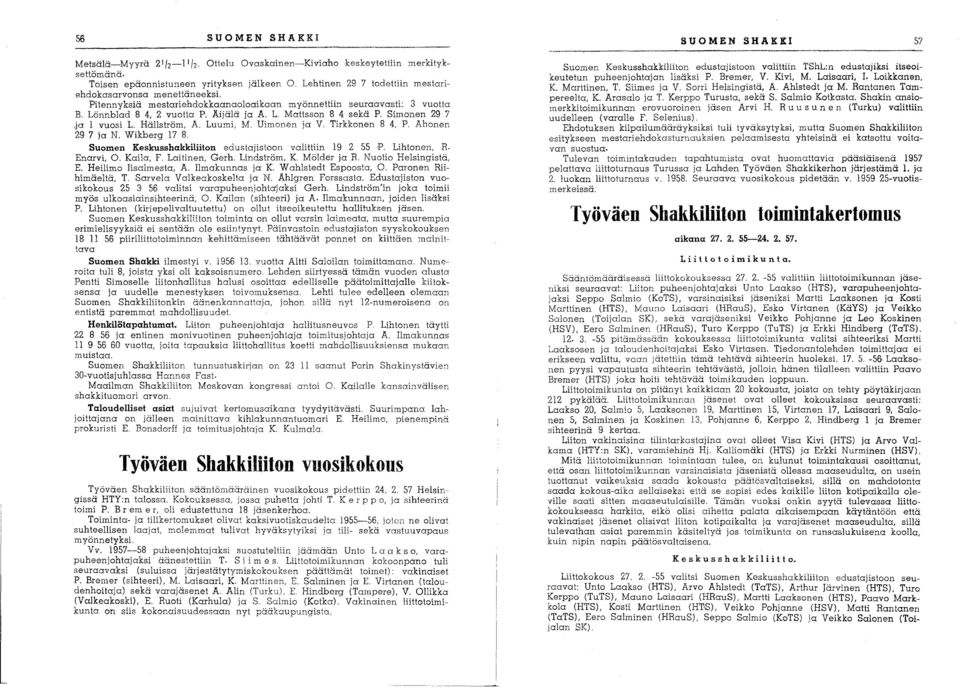 Uimonen ja V. Tirkkonen 8 4, P. Ahonen 297 ja N. Wikberg 17 8. Suomen KeskusshakkiliHon edustajistoon valittiin 19 2 55 P. Lihtonen, R. Enarvi, O. Kaila, F. Laitinen, Gerh. Lindström, K. Mölder ja R.