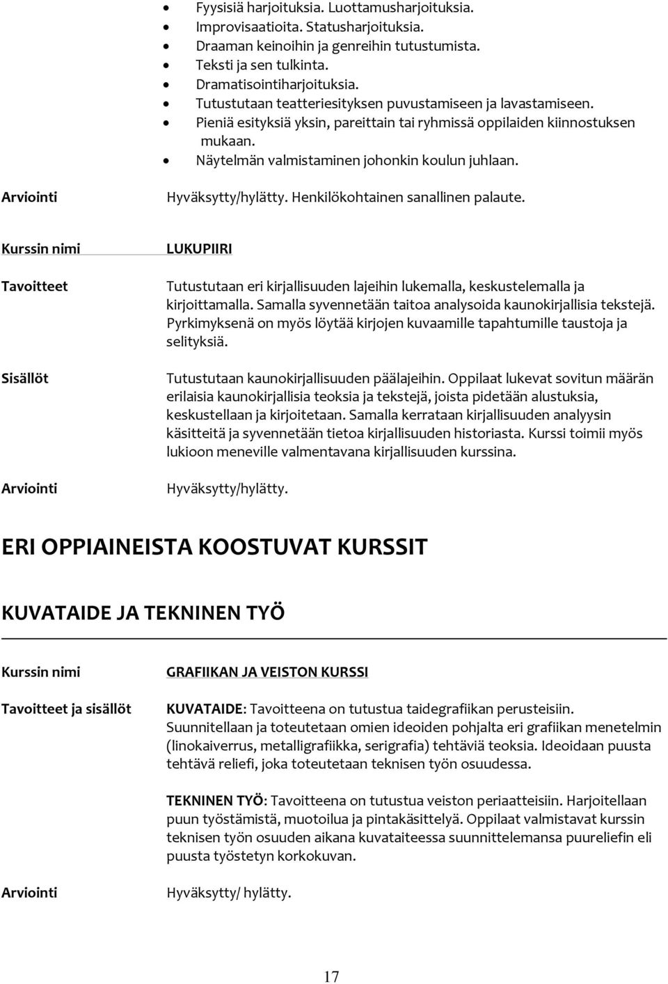 Henkilökohtainen sanallinen palaute. LUKUPIIRI Tutustutaan eri kirjallisuuden lajeihin lukemalla, keskustelemalla ja kirjoittamalla. Samalla syvennetään taitoa analysoida kaunokirjallisia tekstejä.