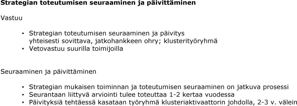 päivittäminen Strategian mukaisen toiminnan ja toteutumisen seuraaminen on jatkuva prosessi Seurantaan liittyvä