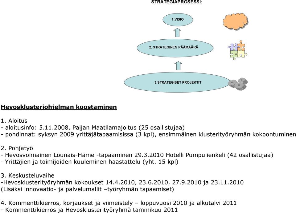 Pohjatyö - Hevosvoimainen Lounais-Häme -tapaaminen 29.3.2010 Hotelli Pumpulienkeli (42 osallistujaa) - Yrittäjien ja toimijoiden kuuleminen haastattelu (yht. 15 kpl) 3.