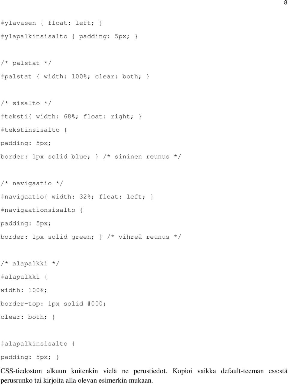 #navigaationsisalto { padding: 5px; border: 1px solid green; } /* vihreä reunus */ /* alapalkki */ #alapalkki { width: 100%; border-top: 1px solid #000; clear: