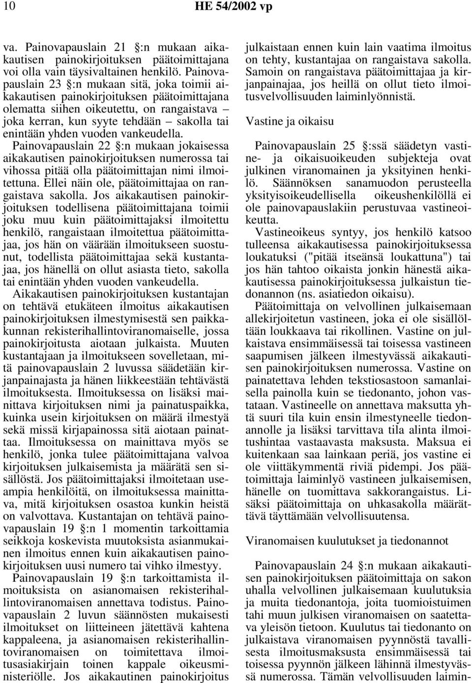 vuoden vankeudella. Painovapauslain 22 :n mukaan jokaisessa aikakautisen painokirjoituksen numerossa tai vihossa pitää olla päätoimittajan nimi ilmoitettuna.