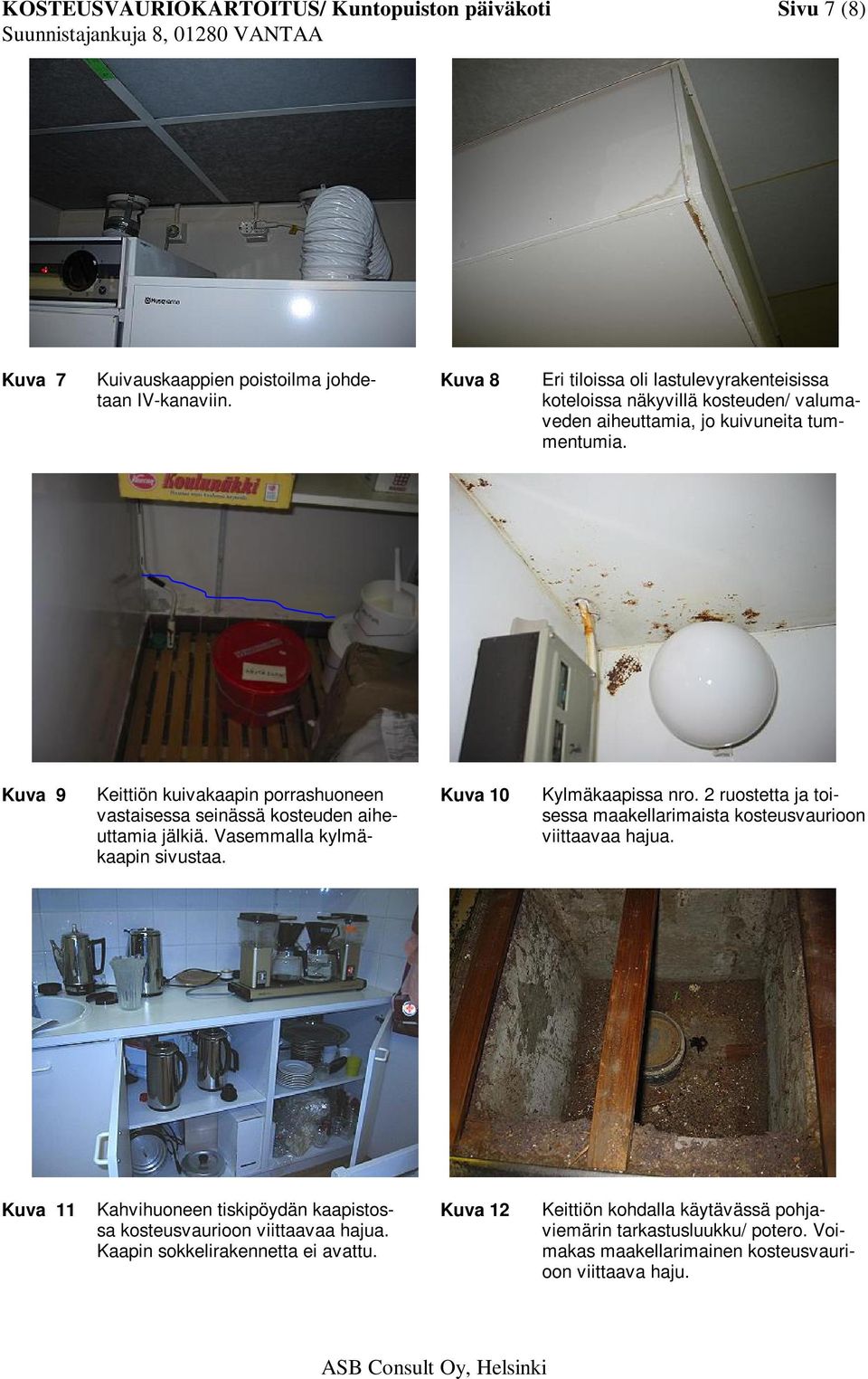Kuva 9 Keittiön kuivakaapin porrashuoneen vastaisessa seinässä kosteuden aiheuttamia jälkiä. Vasemmalla kylmäkaapin sivustaa. Kuva 10 Kylmäkaapissa nro.