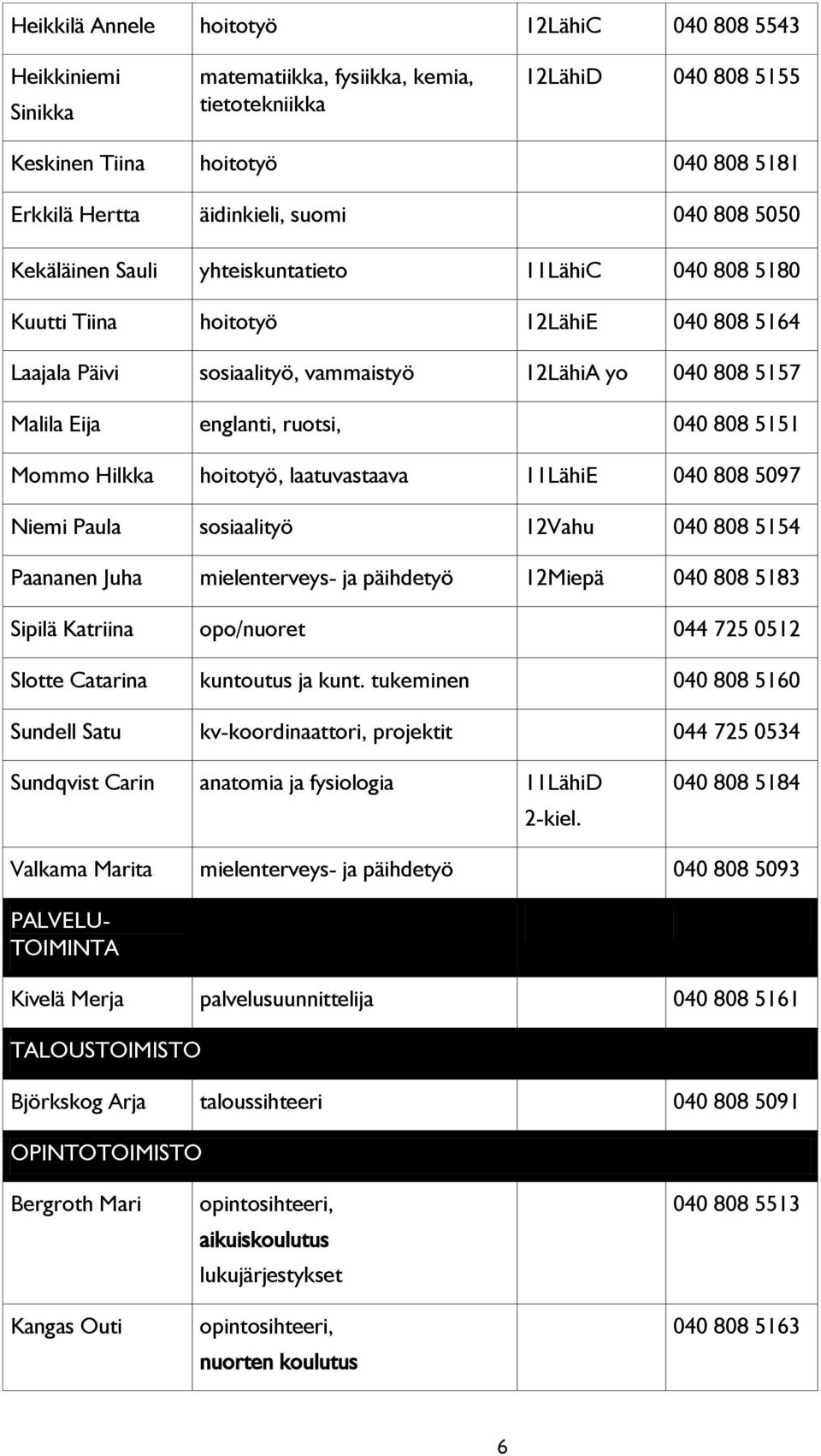 englanti, ruotsi, 040 808 5151 Mommo Hilkka hoitotyö, laatuvastaava 11LähiE 040 808 5097 Niemi Paula sosiaalityö 12Vahu 040 808 5154 Paananen Juha mielenterveys- ja päihdetyö 12Miepä 040 808 5183