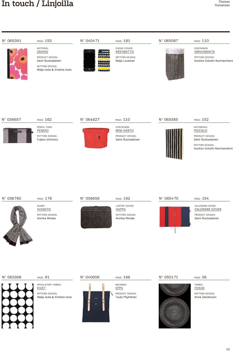 Sami Ruotsalainen Vuokko Eskolin-Nurmesniemi N 036760 PAGE: 178 N 036656 PAGE: 162 N 065470 PAGE: 154 SCARF: VIIVASTO LAPTOP COVER: HUPPU CALENDAR COVER: CALENDAR COVER Annika