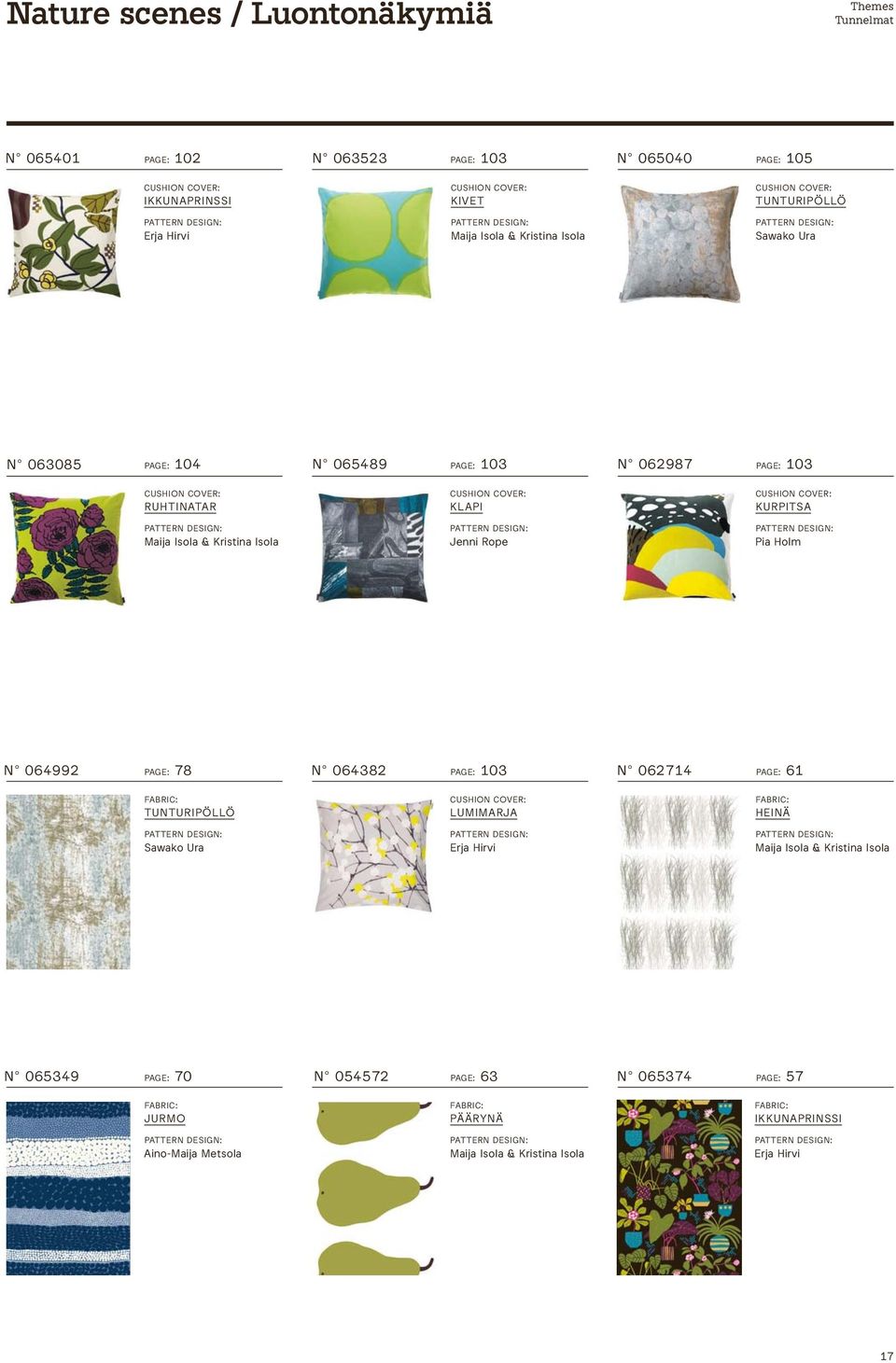 CUSHION COVER: KURPITSA Jenni Rope Pia Holm N 064992 PAGE: 78 N 064382 PAGE: 103 N 062714 PAGE: 61 FABRIC: TUNTURIPÖLLÖ CUSHION COVER: LUMIMARJA FABRIC:
