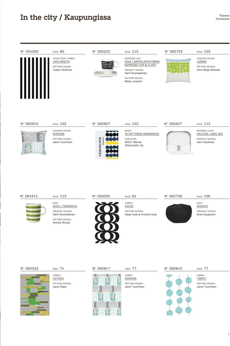 MARIMEKKO PUBLISHER: WSOY Werner Söderström Oy INTERIOR LIGHT: VALOISA LAMP, BIG Harri Koskinen N 064541 PAGE: 115 N 063003 PAGE: 62 N 062738 PAGE: 106 MUG: OIVA / TASARAITA FABRIC: KAIVO
