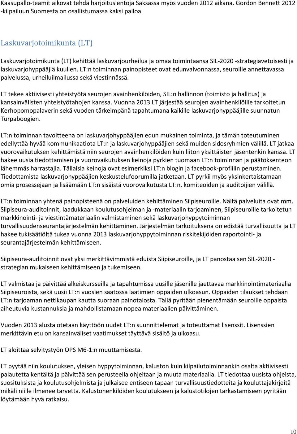 LT:n toiminnan painopisteet ovat edunvalvonnassa, seuroille annettavassa palvelussa, urheiluilmailussa sekä viestinnässä.