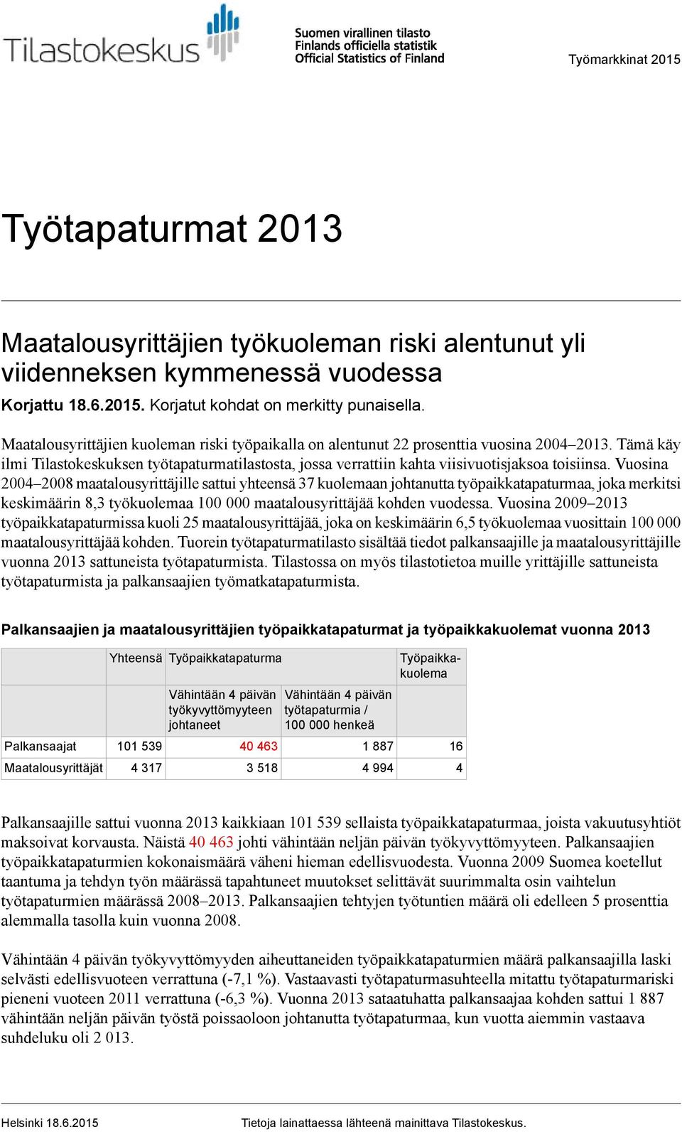 Vuosina 2004 2008 maatalousyrittäjille sattui yhteensä 37 kuolemaan johtanutta työpaikkatapaturmaa, joka merkitsi keskimäärin 8,3 työkuolemaa 100 000 maatalousyrittäjää kohden vuodessa.