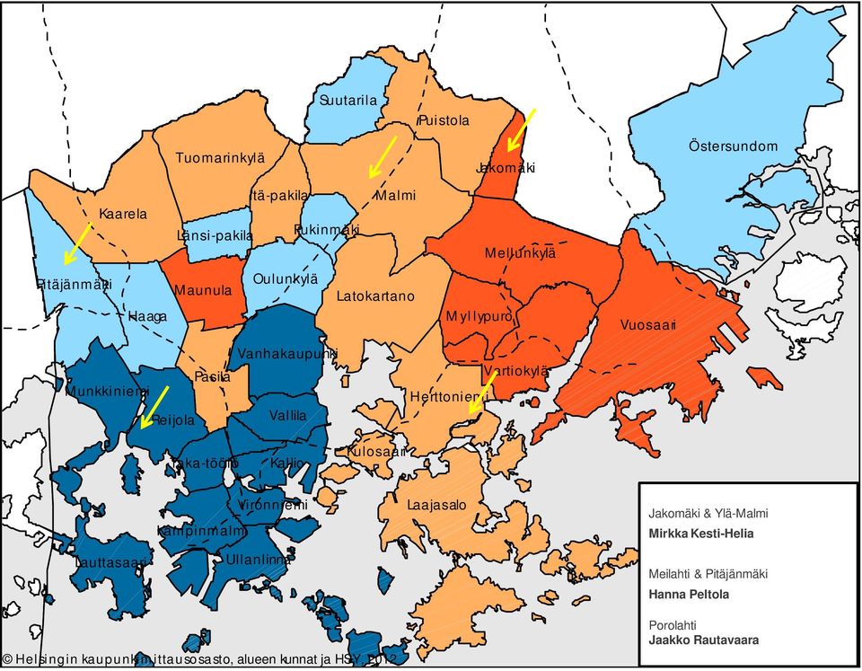 Kampinmalmi Lauttasaari Ullanlinna Helsingin kaupunkimittausosasto, alueen kunnat ja HSY, 2012 Laajasalo Jakomäki & Ylä-Malmi Työttömät ja