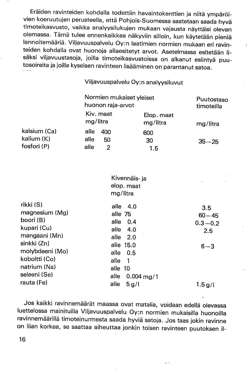 Viljavuuspalvelu Oy:n laatimien normien mukaan eri ravinteiden kohdalla ovat huonoja allaesitetyt arvot.