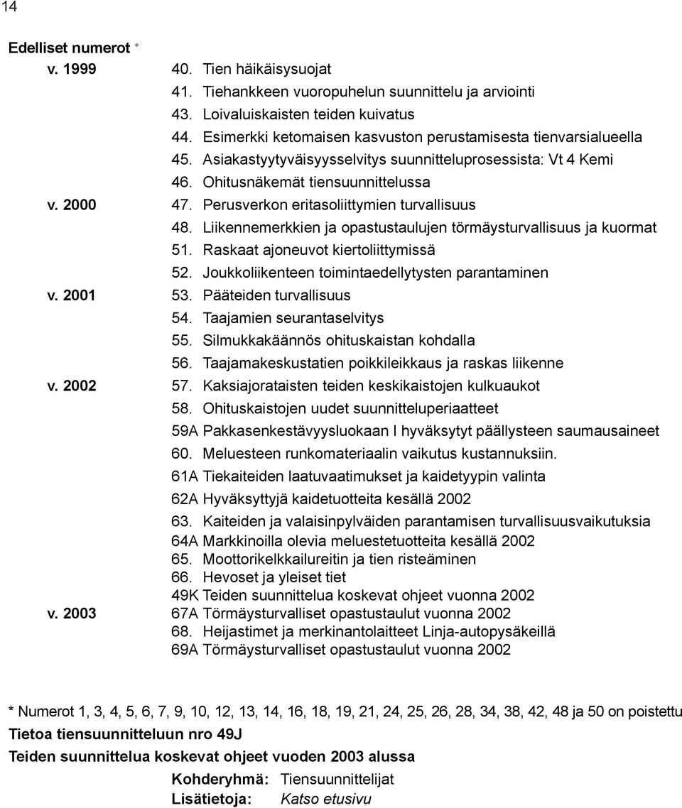 Perusverkon eritasoliittymien turvallisuus 48. Liikennemerkkien ja opastustaulujen törmäysturvallisuus ja kuormat 51. Raskaat ajoneuvot kiertoliittymissä 52.