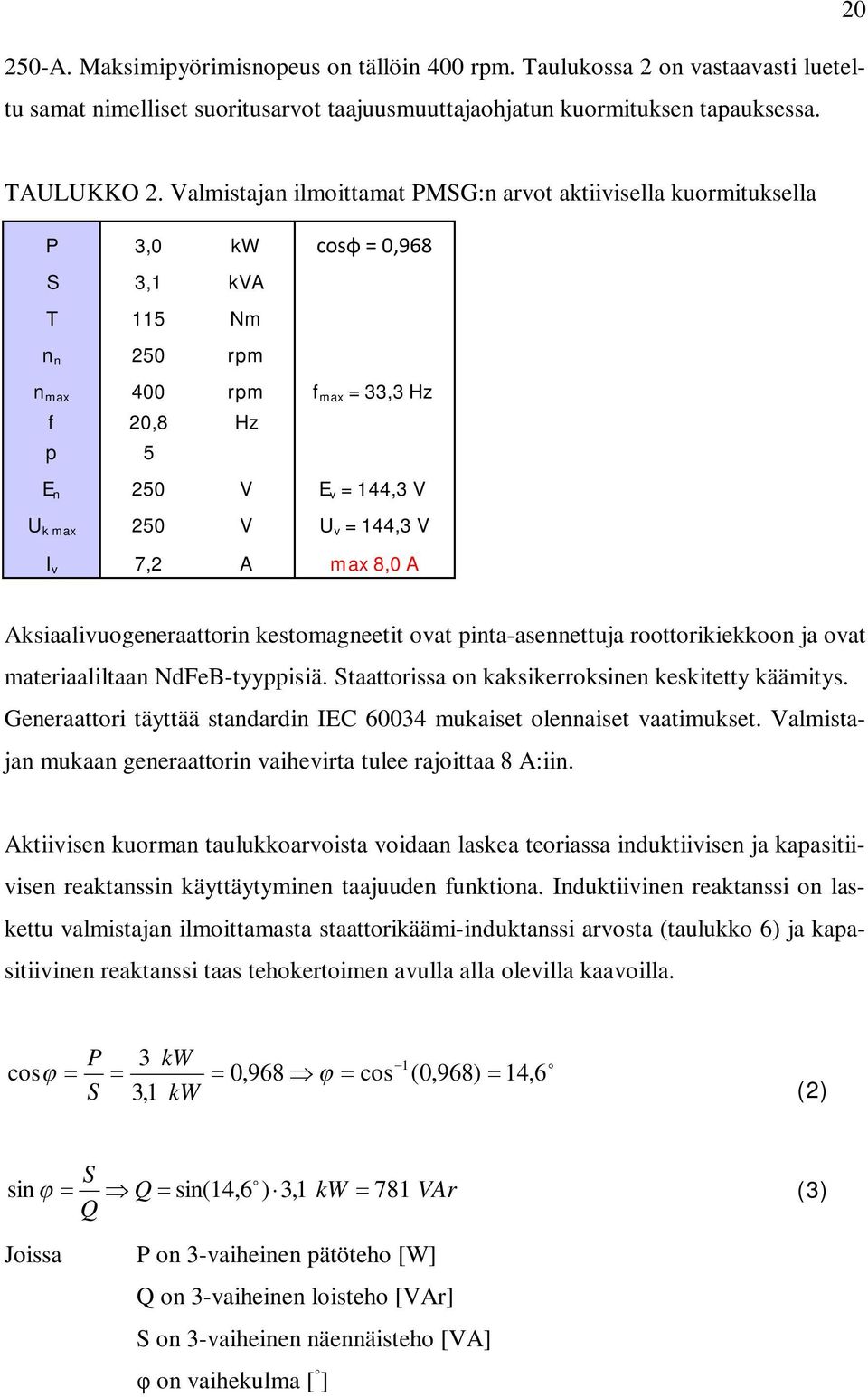 U v = 144,3 V I v 7,2 A max 8,0 A Aksiaalivuogeneraattorin kestomagneetit ovat pinta-asennettuja roottorikiekkoon ja ovat materiaaliltaan NdFeB-tyyppisiä.