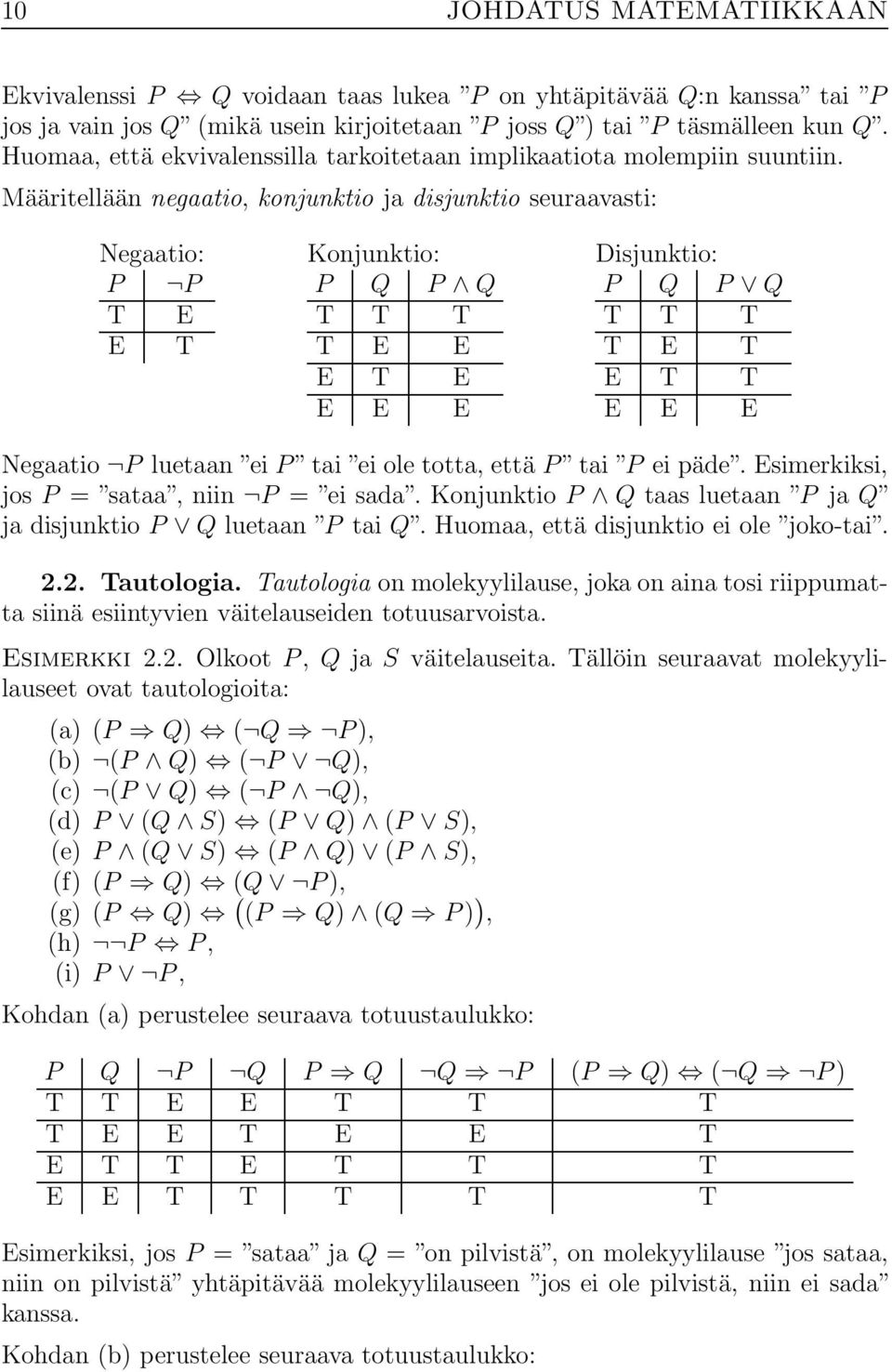 Määritellään negaatio, konjunktio ja disjunktio seuraavasti: Negaatio: P P T E E T Konjunktio: P Q P Q T T T T E E E T E E E E Disjunktio: P Q P Q T T T T E T E T T E E E Negaatio P luetaan ei P tai