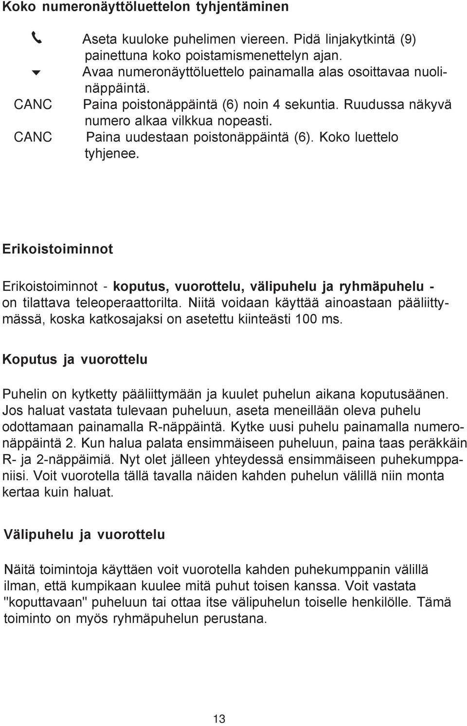 CANC Paina uudestaan poistonäppäintä (6). Koko luettelo tyhjenee. Erikoistoiminnot Erikoistoiminnot - koputus, vuorottelu, välipuhelu ja ryhmäpuhelu - on tilattava teleoperaattorilta.