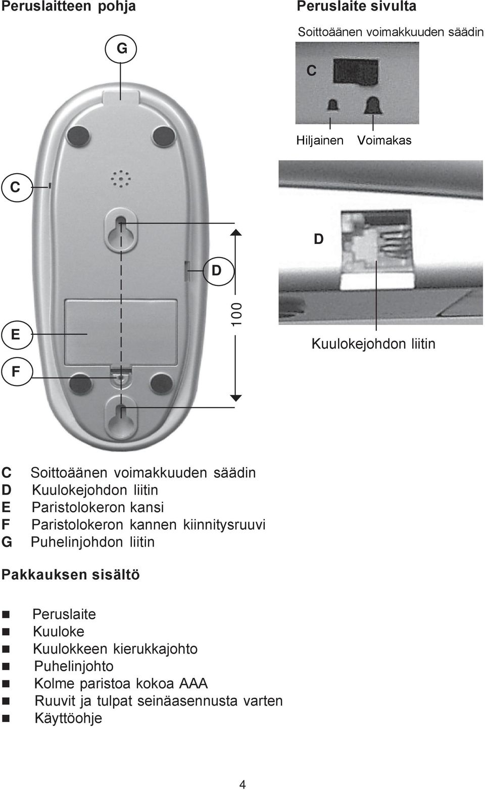 kansi Paristolokeron kannen kiinnitysruuvi Puhelinjohdon liitin Pakkauksen sisältö Peruslaite Kuuloke