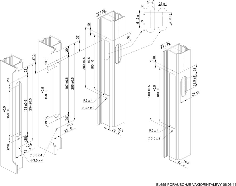 5 ±1 197 ±0.5 6 (29) 9.5 ±1 255 ±0.5 2 0 R5 x 2 0 0 ±0.