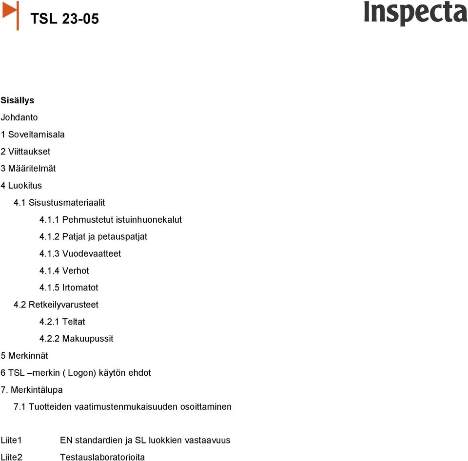 2.2 Makuupussit 5 Merkinnät 6 TSL merkin ( Logon) käytön ehdot 7. Merkintälupa 7.