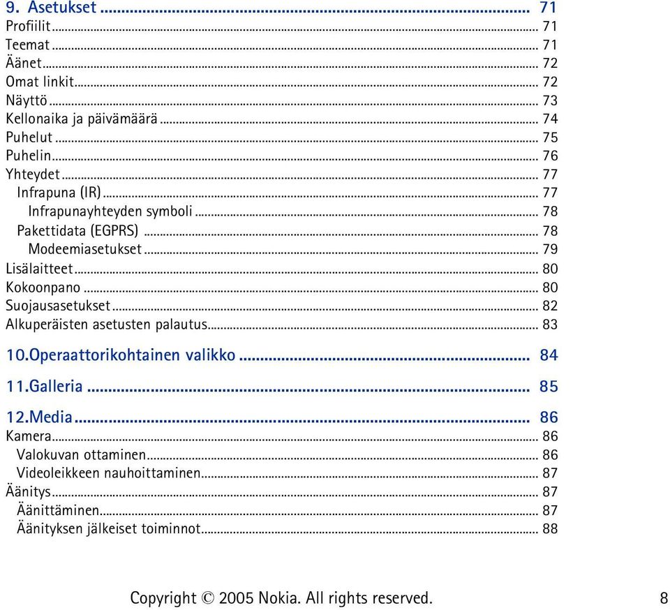 .. 80 Kokoonpano... 80 Suojausasetukset... 82 Alkuperäisten asetusten palautus... 83 10.Operaattorikohtainen valikko... 84 11.Galleria... 85 12.