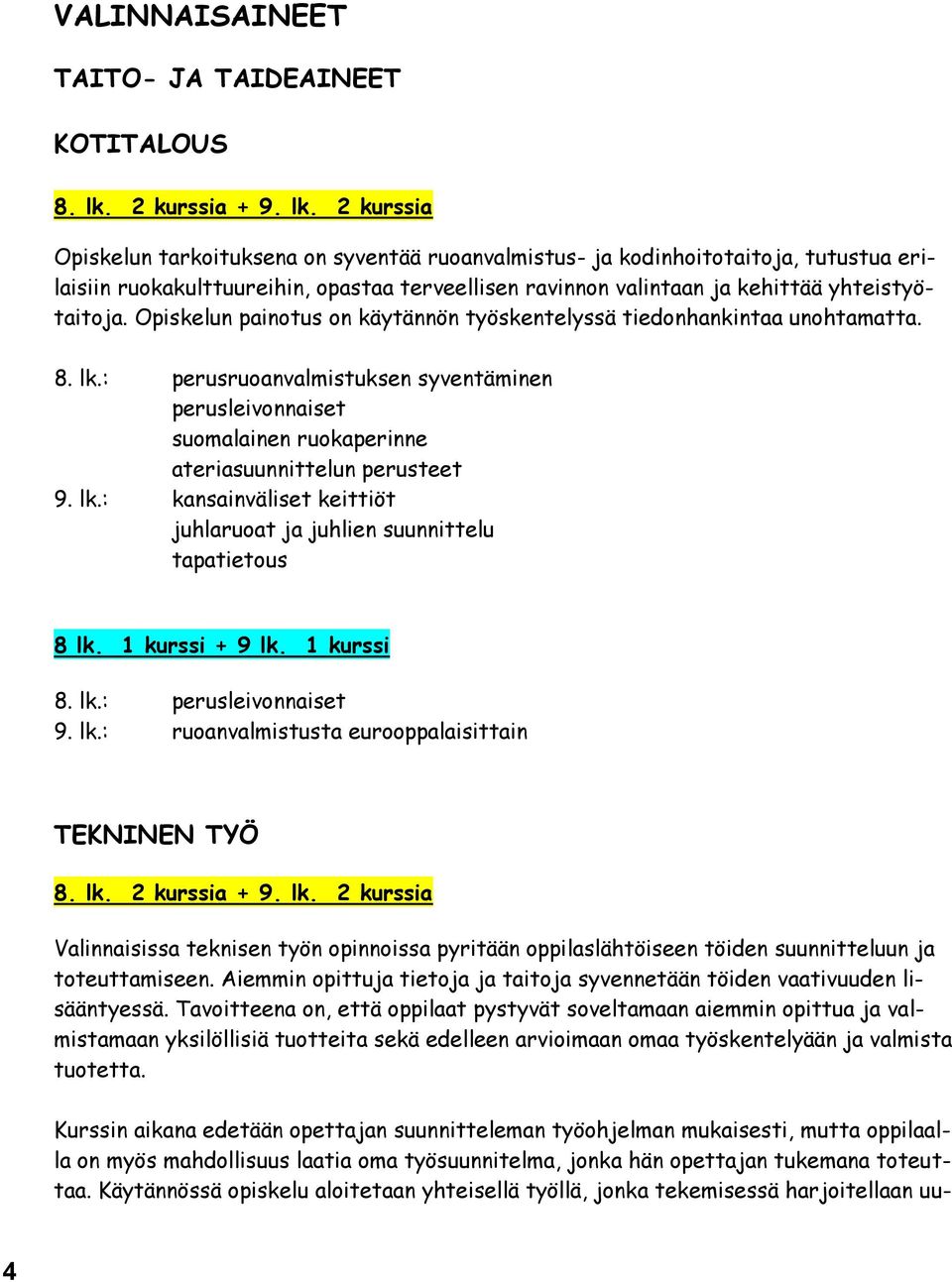 : perusruoanvalmistuksen syventäminen perusleivonnaiset suomalainen ruokaperinne ateriasuunnittelun perusteet 9. lk.: kansainväliset keittiöt juhlaruoat ja juhlien suunnittelu tapatietous 8 lk.