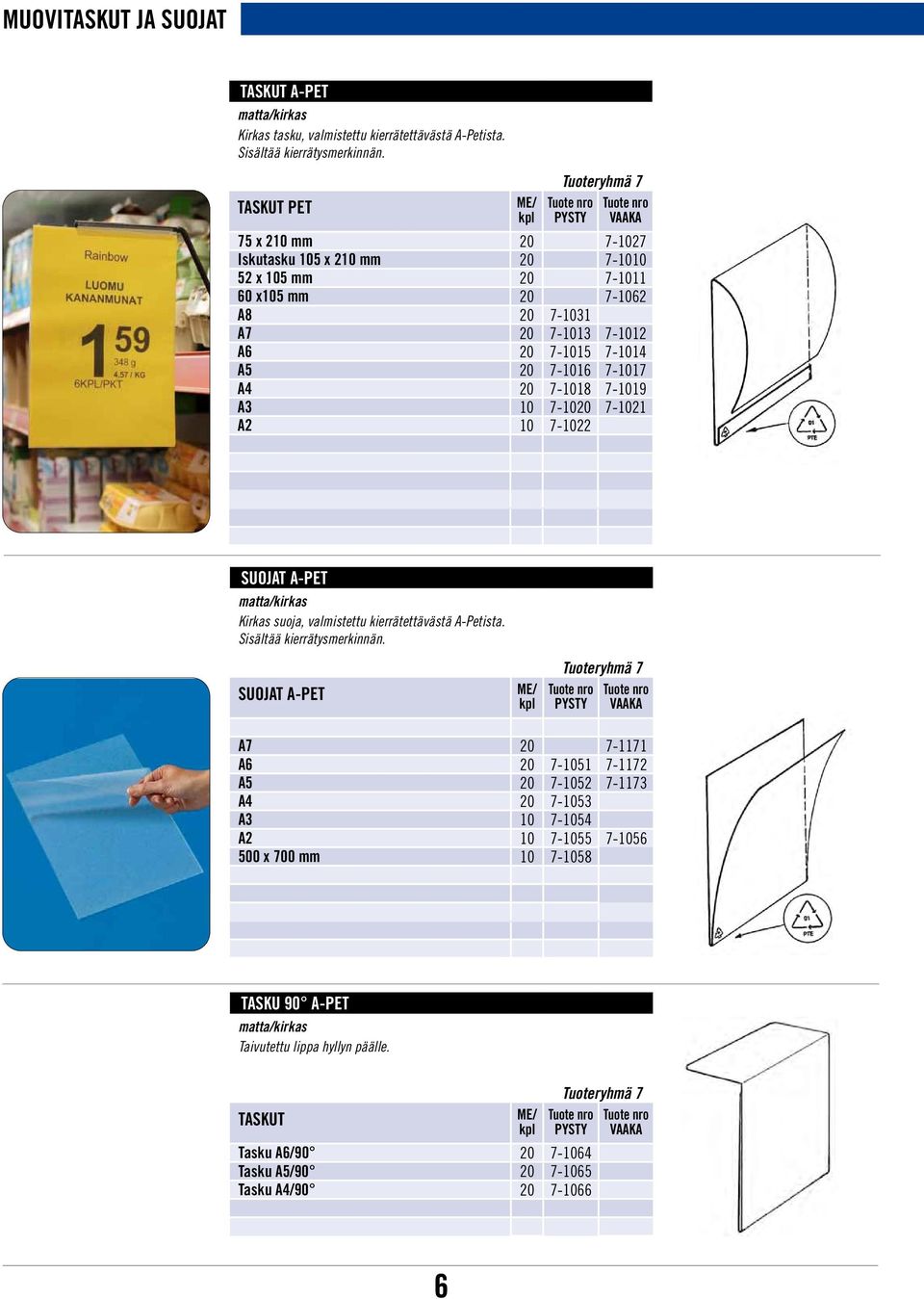 7-1014 A5 20 7-1016 7-1017 A4 20 7-1018 7-1019 A3 10 7-1020 7-1021 A2 10 7-1022 SUOJAT A-PET matta/kirkas Kirkas suoja, valmistettu kierrätettävästä A-Petista. Sisältää kierrätysmerkinnän.