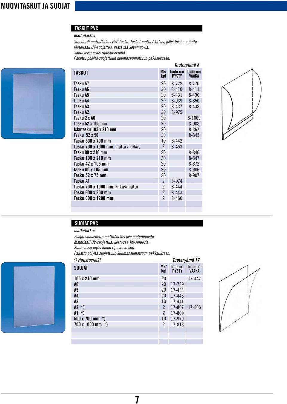 Tuoteryhmä 8 TASKUT Tuote nro PYSTY Tuote nro VAAKA Tasku A7 20 8-772 8-770 Tasku A6 20 8-410 8-411 Tasku A5 20 8-431 8-430 Tasku A4 20 8-939 8-850 Tasku A3 20 8-437 8-438 Tasku A2 20 8-975 Tasku 2 x
