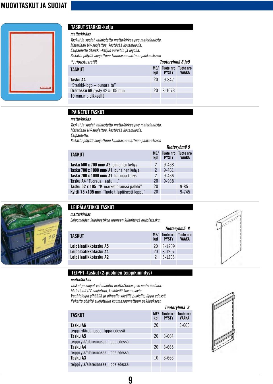 Pakattu pölyltä suojattuun kuumasaumattuun pakkaukseen *) ripustusreiät Tuoteryhmä 8 ja9 TASKUT Tuote nro PYSTY Tasku A4 20 9-842 Starkki-logo + punaraita Orsitasku A6 pysty 42 x 105 mm 20 8-1073 10