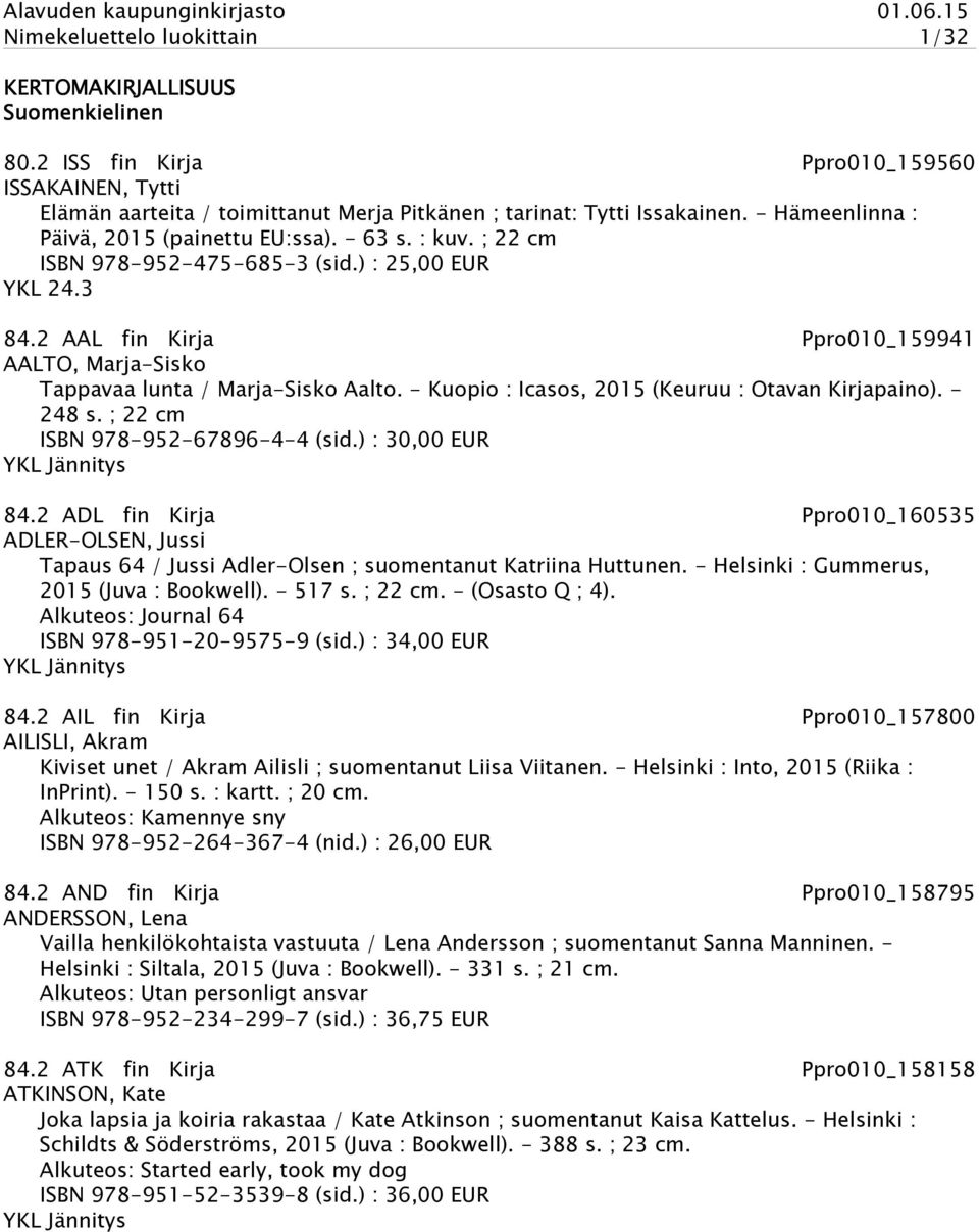 2 AAL fin Kirja Ppro010_159941 AALTO, Marja-Sisko Tappavaa lunta / Marja-Sisko Aalto. - Kuopio : Icasos, 2015 (Keuruu : Otavan Kirjapaino). - 248 s. ; 22 cm ISBN 978-952-67896-4-4 (sid.