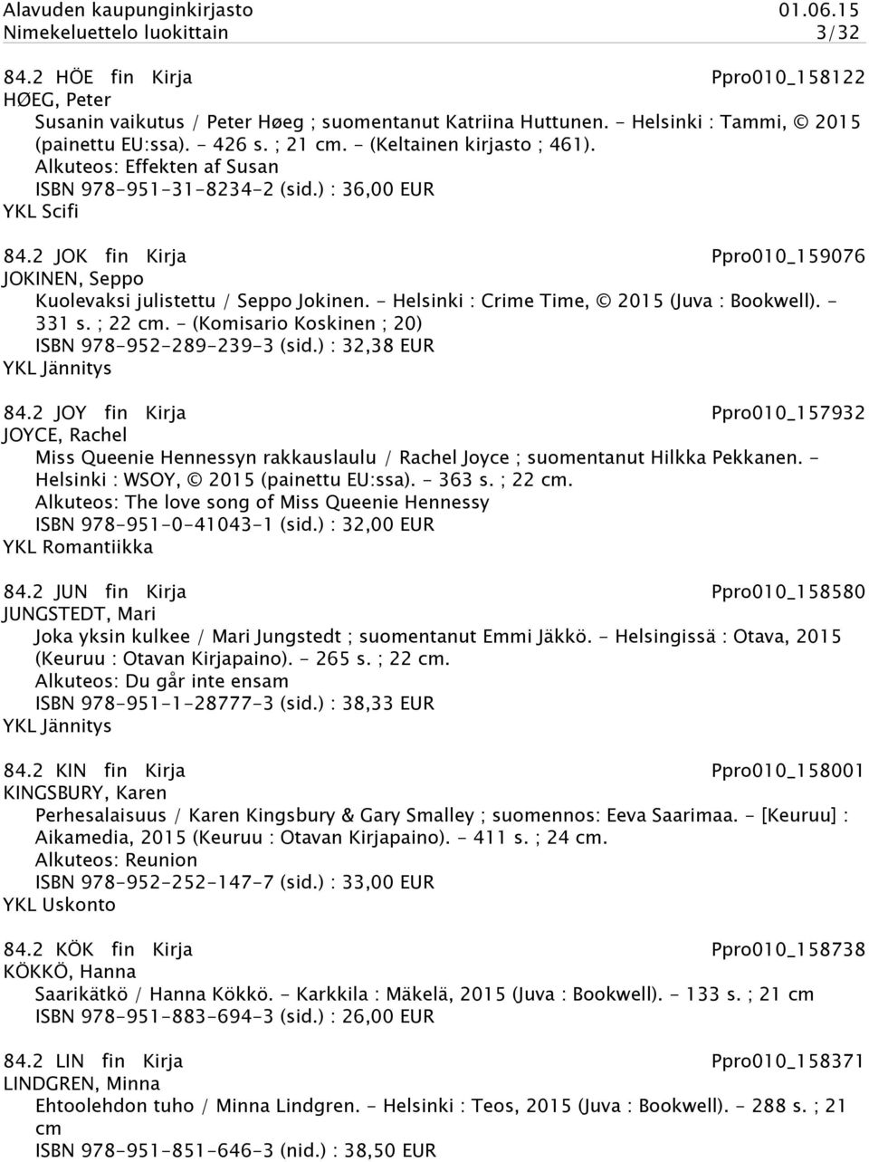 2 JOK fin Kirja Ppro010_159076 JOKINEN, Seppo Kuolevaksi julistettu / Seppo Jokinen. - Helsinki : Crime Time, 2015 (Juva : Bookwell). - 331 s. ; 22 cm.