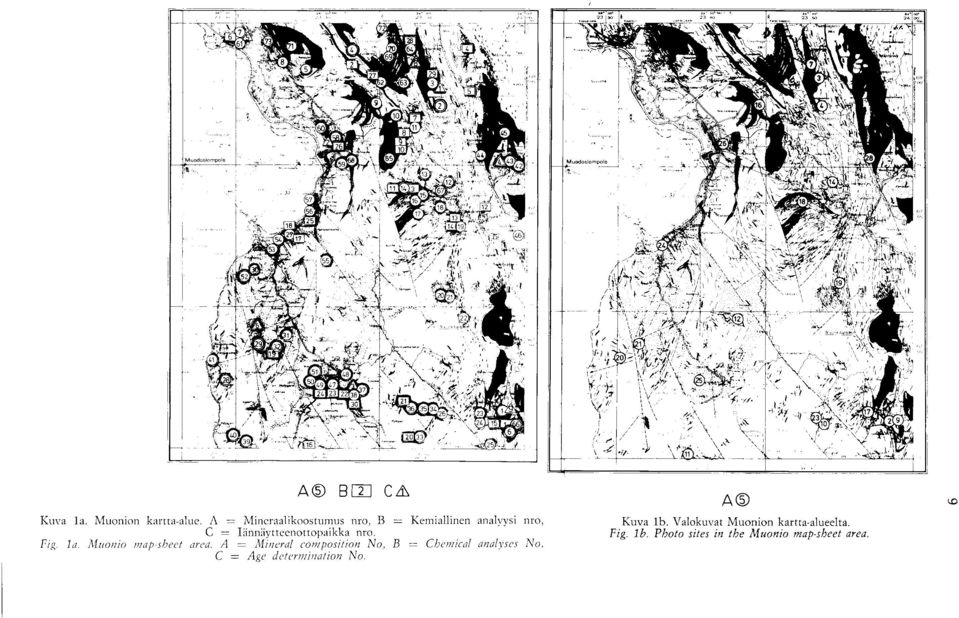 Muonio map-sheet area A = Mineral composition No, B = Chemical analyses No, C = Age