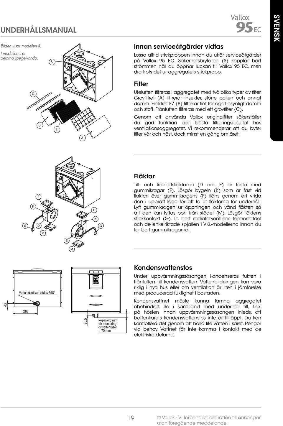 Grovfiltret (A) filtrerar insekter, större pollen och annat damm. Finfiltret F7 (B) filtrerar fint för ögat osynligt damm och stoft. Frånluften filtreras med ett grovfilter (C).