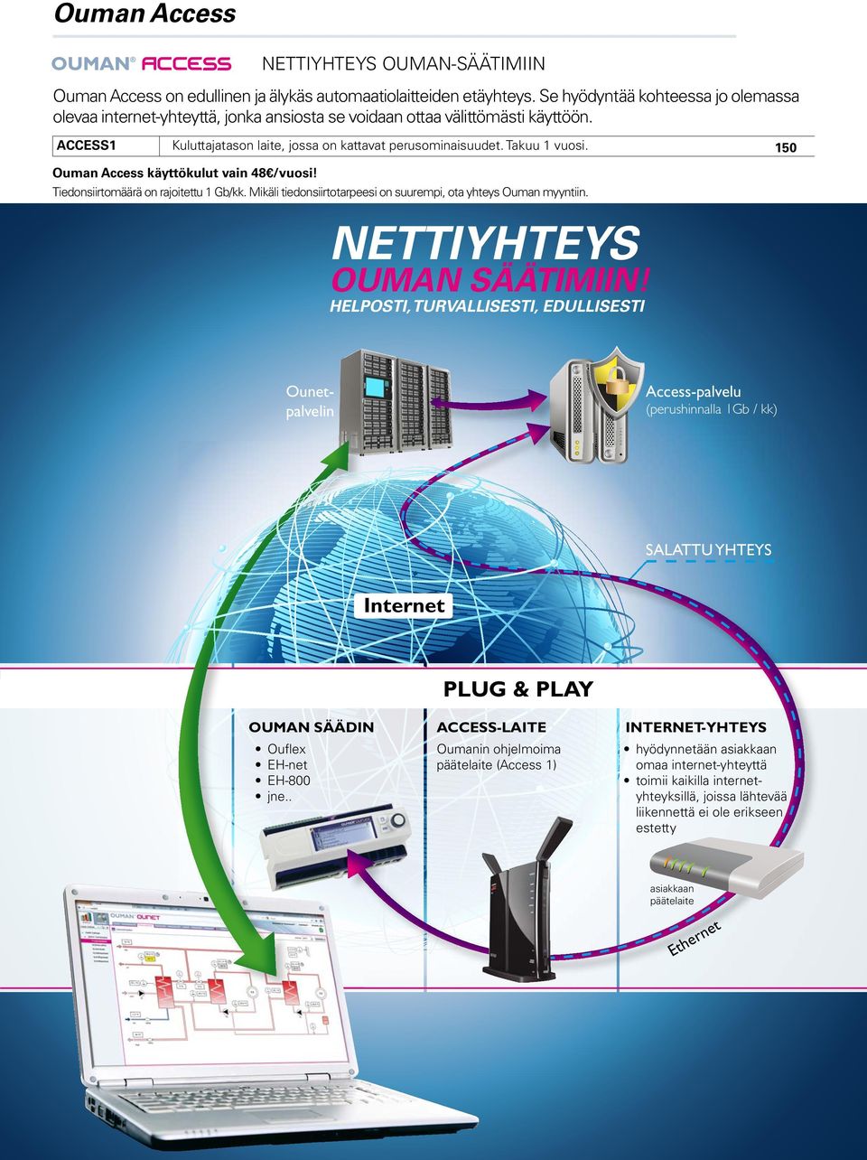 150 Ouman Access käyttökulut vain 48 /vuosi! Tiedonsiirtomäärä on rajoitettu 1 Gb/kk. Mikäli tiedonsiirtotarpeesi on suurempi, ota yhteys Ouman myyntiin. NETTIYHTEYS OUMAN SÄÄTIMIIN!
