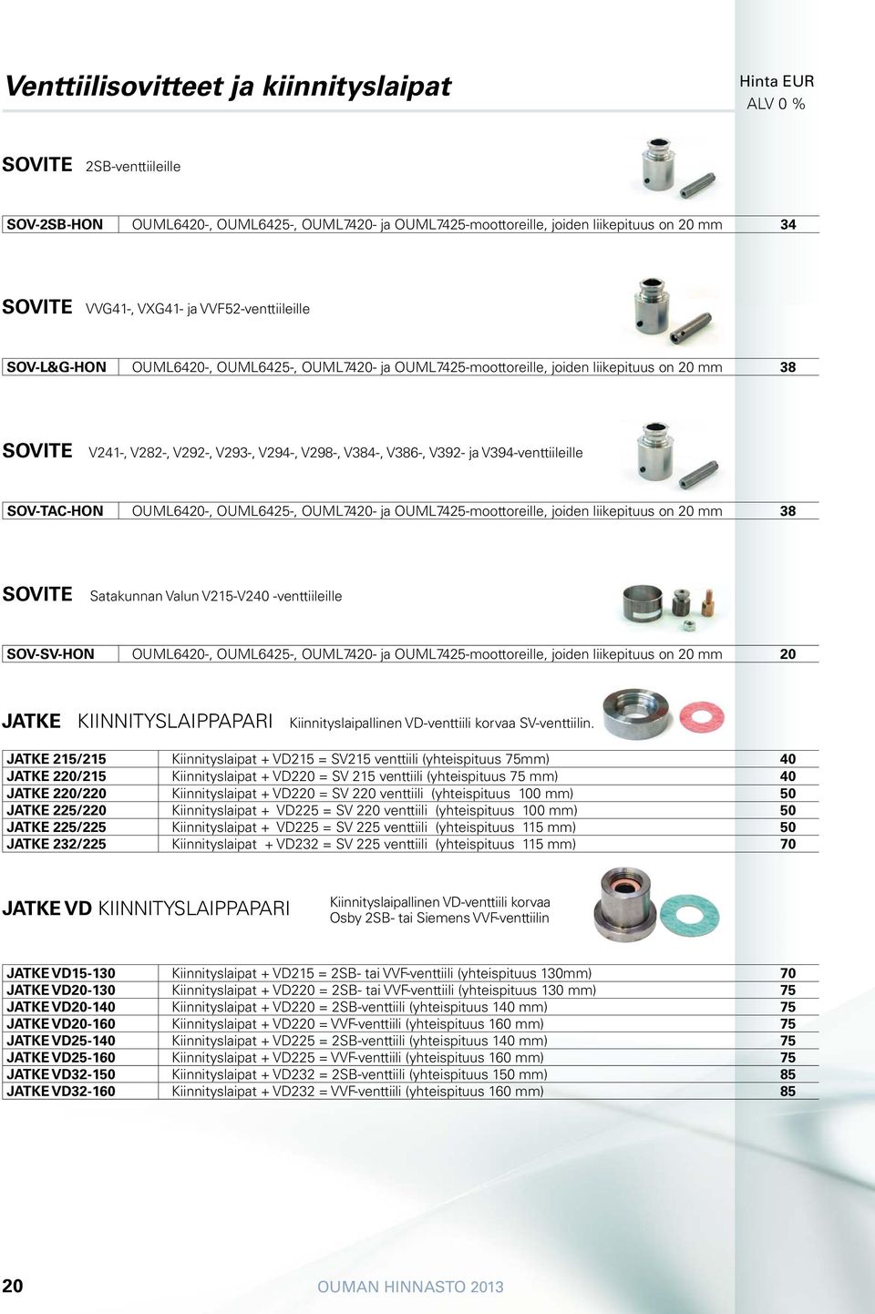 V394-venttiileille SOV-TAC-HON OUML6420-, OUML6425-, OUML7420- ja OUML7425-moottoreille, joiden liikepituus on 20 mm 38 SOVITE Satakunnan Valun V215-V240 -venttiileille SOV-SV-HON OUML6420-,