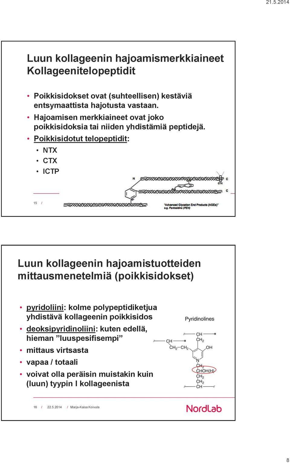 Poikkisidotut telopeptidit: NTX CTX ICTP 15 / / Luun kollageenin hajoamistuotteiden mittausmenetelmiä (poikkisidokset) pyridoliini: kolme