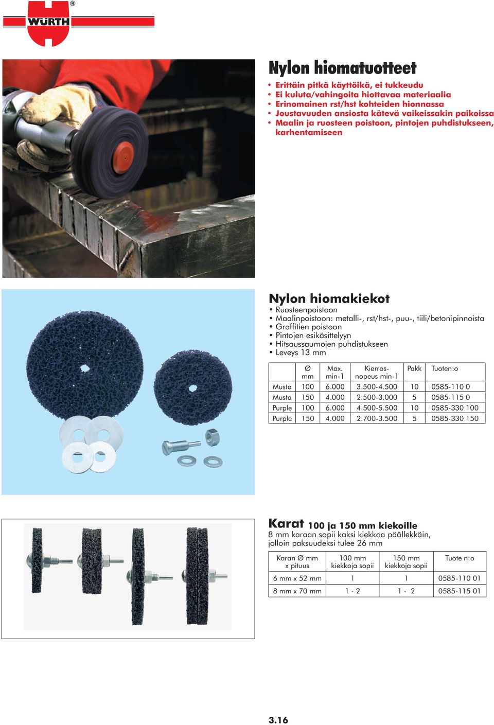 esikäsittelyyn Hitsaussaumojen puhdistukseen Leveys 13 Ø Max. min-1 Kierrosnopeus min-1 Pakk Tuoten:o Musta 100 6.000 3.500-4.500 10 0585-110 0 Musta 150 4.000 2.500-3.000 5 0585-115 0 Purple 100 6.