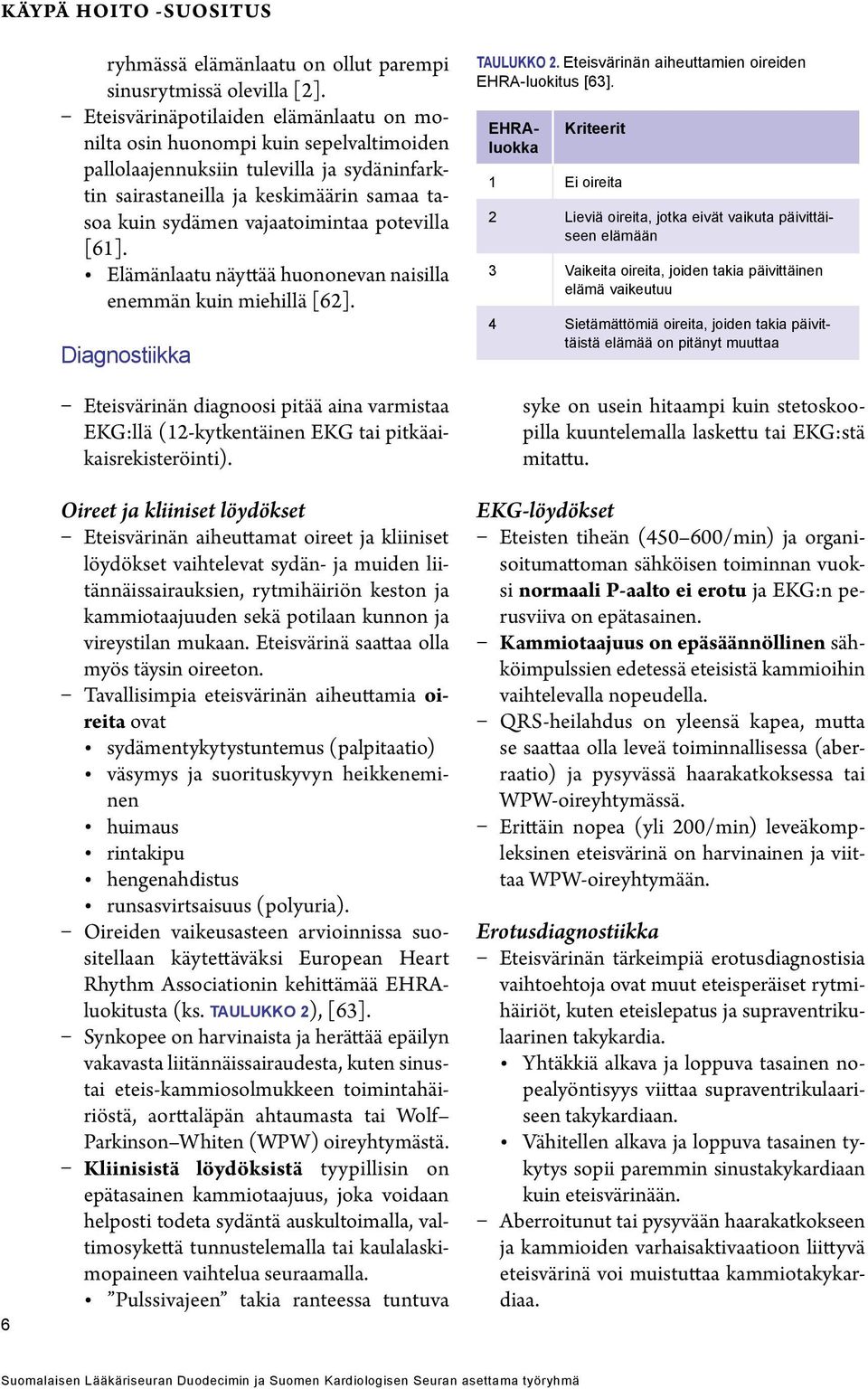 [61]. Elämänlaatu näyttää huononevan naisilla enemmän kuin miehillä [62]. Diagnostiikka n diagnoosi pitää aina varmistaa EKG:llä (12-kytkentäinen EKG tai pitkäaikaisrekisteröinti).