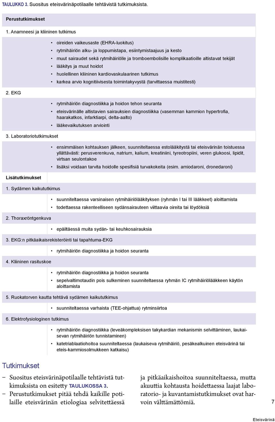 altistavat tekijät lääkitys ja muut hoidot huolellinen kliininen kardiovaskulaarinen tutkimus karkea arvio kognitiivisesta toimintakyvystä (tarvittaessa muistitesti) rytmihäiriön diagnostiikka ja