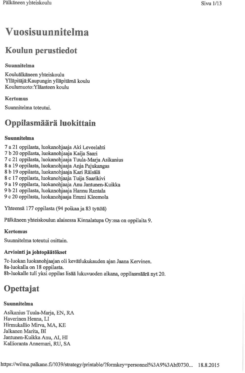 luokanohjaaja Anja Pajukangas 8 b 19 oppilasta, luokanohjaaja Kari Räisälä 8 c 17 oppilasta, luokanohjaaja Tuija Saarikivi 9 a 19 oppilasta, luokanohjaaja Anu Jantunen-Kuikka 9 b 21 oppilasta,