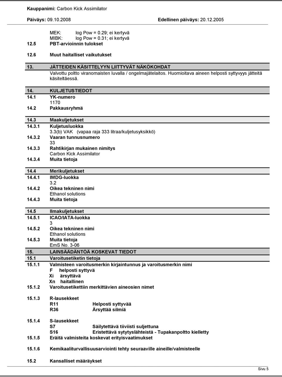 1 YKnumero 1170 14.2 Pakkausryhmä 14.3 Maakuljetukset 14.3.1 Kuljetusluokka 3.3(b) VAK (vapaa raja 333 litraa/kuljetusyksikkö) 14.3.2 Vaaran tunnusnumero 33 14.3.3 Rahtikirjan mukainen nimitys Carbon Kick Assimilator 14.