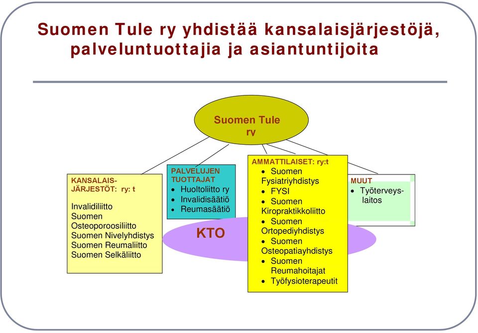 PALVELUJEN TUOTTAJAT Huoltoliitto ry Invalidisäätiö Reumasäätiö KTO AMMATTILAISET: ry:t Suomen Fysiatriyhdistys FYSI