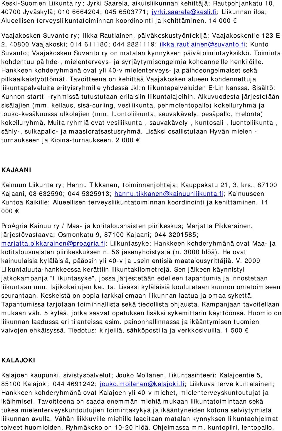 14 000 Vaajakosken Suvanto ry; Ilkka Rautiainen, päiväkeskustyöntekijä; Vaajakoskentie 123 E 2, 40800 Vaajakoski; 014 611180; 044 2821119; ilkka.rautiainen@suvanto.